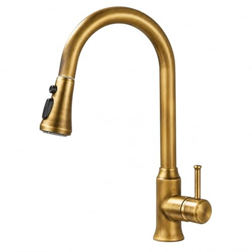 Antique Brass Pull Out Kitchen Tap Vintage Style with 360° Swivel Spout Mixer Tap Elegant Golden Bronze Finish Sink Faucet