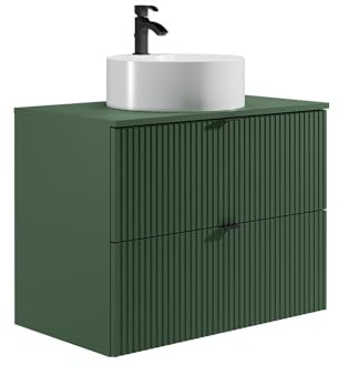 Vente-unique-Mueble de baño suspendido Estriado con Lavabo sobre encimera Redondo - Verde Mate - 80 cm - ZEVINI