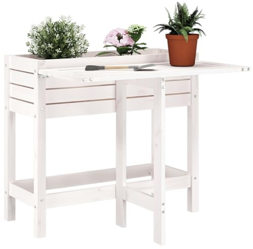 YUTAASU Fioriera da Giardino in Legno Massello di Pino con Piano Pieghevole, Design Rialzato e Tavolo da Lavoro, Colore Bianco, Dimensioni 84x73x75 cm, Ideale