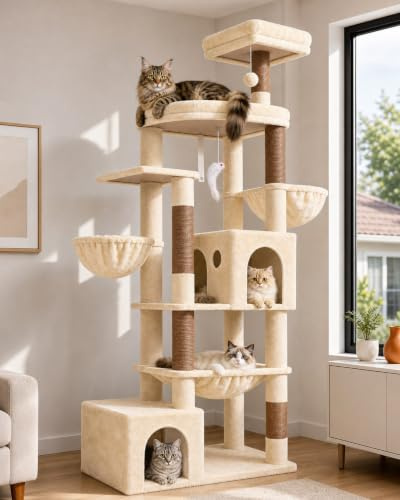 Globlazer Beige Árbol para Grandes Gatos XXL 194 cm Alto con 2 Nidos Grande, Hamaca 50 * 40CM, Gran Plataforma, 2 Cesta, Percha, Enorme Rascador para 3-5 Gatos Adulto Descansar Jugar (S76B, Beige)