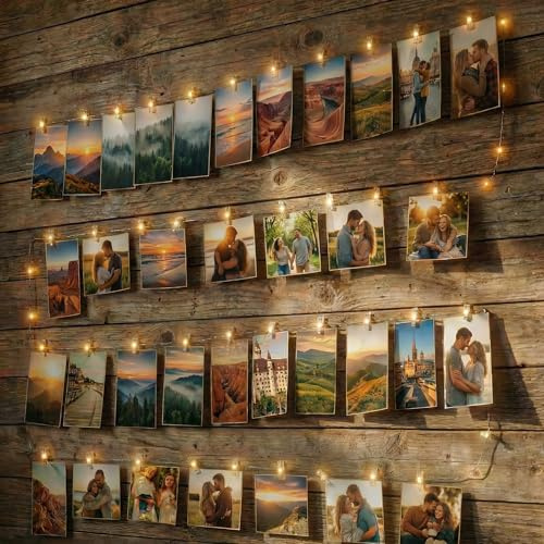 BG9D LED Fotoclips Lichterkette 6M 60Led Warmweiß mit 30 Klammern und 15 Haken an der Wand Timer 2 Modi für Zimmer Deko Fotos Wand Wohnzimmer, Weihnachten, Hochzeiten, Party Warmweiß