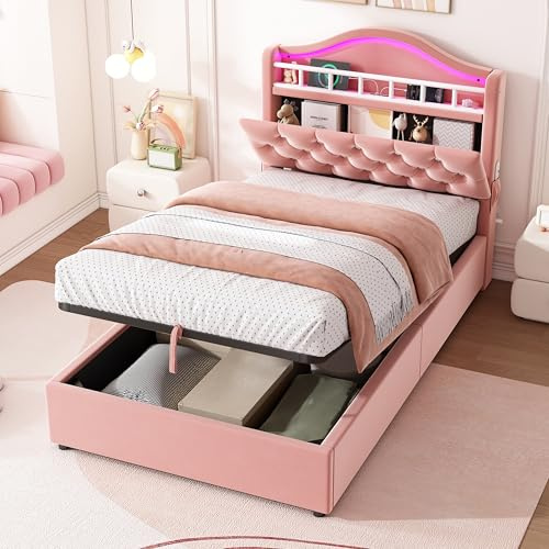 Miyemo Single Bed Frame with Storage, Ottoman Upholstered Bed Frame with Headboard Storage & Hydraulic, 3ft Velvet Single Bed Frame with LED-Lighting & Charging-Station, 90x190cm, Pink, (No Mattress)