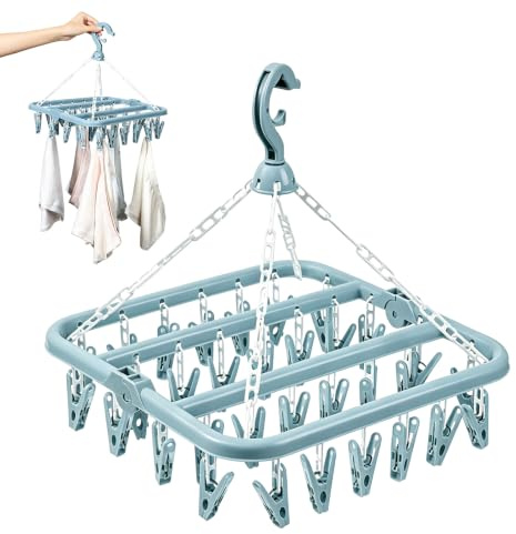Lyyixbix Clothes Drying Hanger with 32 Clips and Drip, Rotary Wind Sock Hanger Space Saving Sock Hangers Drying Multi Functional Socks Foldable Design for Underwear Hats Small Laundry Items