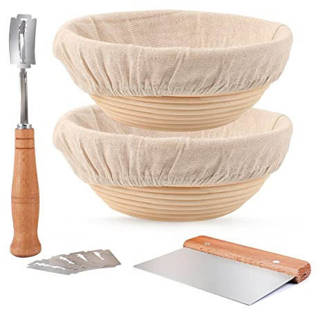 DOYOLLA Proofing Baskets for Sourdough Bread Making, Dough Proofing Bowls Kit with Cloth Liner + Scoring Lame + Scraper for Professional & Home Sourdough Bakers (Round,8.5 inch,Set of 2)