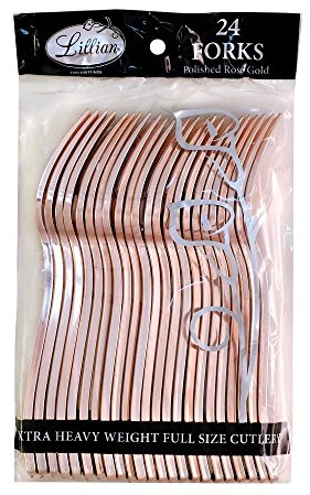 Plastic Cutlery Silverware Extra Heavyweight Disposable Flatware, Full Size Plastic Forks, Like Rose Gold, 24 Pack