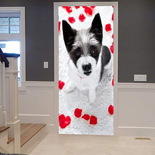 A.Monamour Türtapete Selbstklebend Türfolie Türposter 3D Pudel Hund Glücklich Valentinstag Rote Rosen Blätter Auf Dem Boden Vinyl Folie Türdeko Tapete Wandbild Türaufkleber Türtattoo 90 x 200 cm