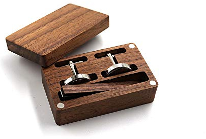 Rustic Black Walnut Wooden Round Cufflinks Tie Clips With Organizer Box for Men