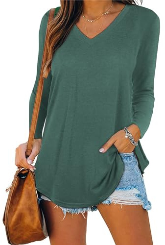iChunhua Long Sleeve Tops Women V Neck Lightweight Longline Plain T-Shirts Green XX-Large