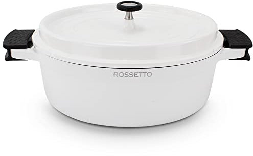 Cocotte ovale 31cm, blanc/noir, en fonte d’aluminium, avec revêtement antiadhérent, sans PFOA, ni PFOS, compatible tous feux dont induction
