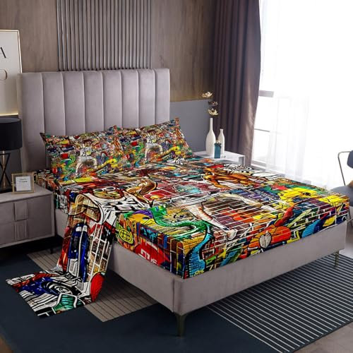 Colorful Graffiti Sheet Set Twin Size Sports Themed 3D Brick Wall Bedding Set 3pcs for Teens Kids Girls Boys Room Decor Modern Urban Art Bed Sheet Hip Hop Style Fitted + Flat Sheet,1 Pillowcase