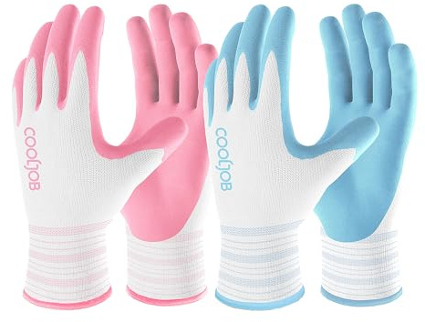 COOLJOB Lot de 2 paires de gants de jardinage pour femme - Gants de travail confortables et respirants - Cadeau de jardinage - Bleu et rose (Taille M)