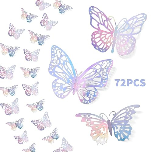72 Stück 3D Laser Silber Schmetterling Wanddekoration, 3 Stile, 3 Größen, metallische Schmetterlinge Wandaufkleber, Raumbild, abnehmbare Schmetterlinge Dekorationen für Zimmer, Party, Geburtstag,