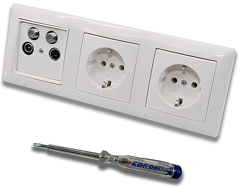 Busch Jäger SET: Unterputz 4-Loch Dose 40-2400 MHz, Enddose Stichdose, Radio/TV/SAT1 & SAT2. Inkl. BalanceSi alpinweiß 3fach Rahmen, 2 x Steckdose 20EUC-914 + EBROM Phasenprüfer zur Montage der Geräte