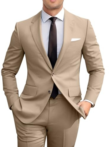 Amyox Herren Slim Fit 2-teiliger Anzug mit Zwei Knöpfen Solide Anzugjacke Hose Set Hochzeit Abschlussball Anzug, Champagner, M