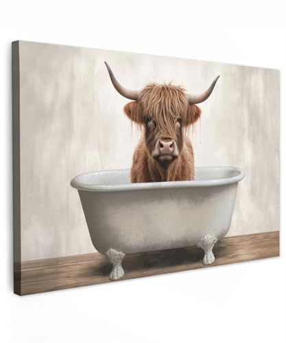 MuchoWow© Bilder Groß XXL Wohnzimmer Deko Modern Wandbild Foto auf Leinwand | 120x80 cm - Bild Schlafzimmer Room Decor Geschenke Hochlandrind - Highland Cow - Bad - Badezimmer - Badewanne - Braun