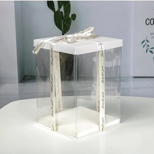 Cake Box/Gift Box, Crystal Clear Transparent - 12 inch square base, 9.8 inch tall, with a solid lid and drum - in White