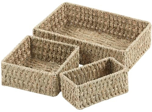 YheenLf aufbewahrungskörbe, 3er-Pack korb, präsentkorb geflochten, aufbewahrungsboxen für Schlafzimmer, Badezimmer, Stapelbare Regalkörbe, Schöner Baskets, Seegras