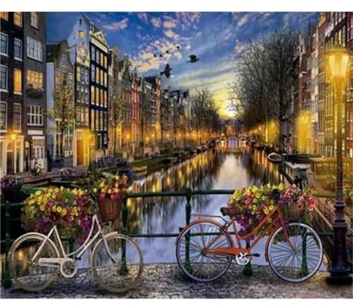 Malen Nach Zahlen Erwachsene Venedig Street Bike,DIY Ölmalerei Handgemalt Kits für Anfänger und Erwachsene,Ölgemälde Leinwand Set mit Pinsels und Farbe für Home Wand Dekor Geschenk,ohne Rahmen 50x65cm