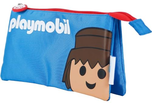 DOHE - Schulmäppchen 3 Fächer - Reißverschluss, offiziell lizenziert, strapazierfähiges Polyester, 23x12x2,5 cm, Schulmaterial - Playmobil Core - Blau