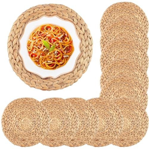 DAKFOOK 10 Pack 30cm Cattail Woven Placemats, 12 Inch Round Wicker Place Mats Handcrafted Natural Fiber Table Mats for Dining, Kitchen