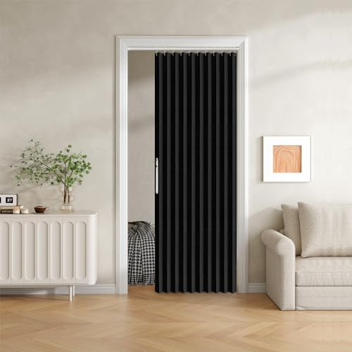Jilron 100% Blackout Fabric Folding Door Curtain with Magnetic Closure - Accordion Style for Sliding Doors, Closets,Wardrobe and Temporary Door Solutions Doorway Curtains（W42 x L78, Black，1 Panel）