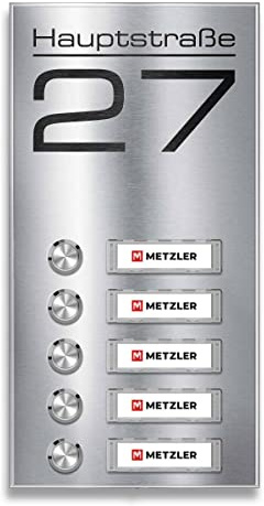 Metzler Aufputz Funkklingel für Mehrfamilienhäuser - V2A Edelstahl - Austauschbare Namensschilder - Inkl. Gravur (Straßenname) - wählbare Namensschild & Drucktaster-Beleuchtung - 5-Fach | Tara M5