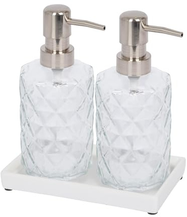 Harbour Housewares 2 Piece Prism Glass Soap Dispenser Set with Ceramic Tray - 330ml Diamond-Cut Refillable Bottles with Chrome Pumps - Bathroom and Kitchen Accessories for Hand Wash or Lotion