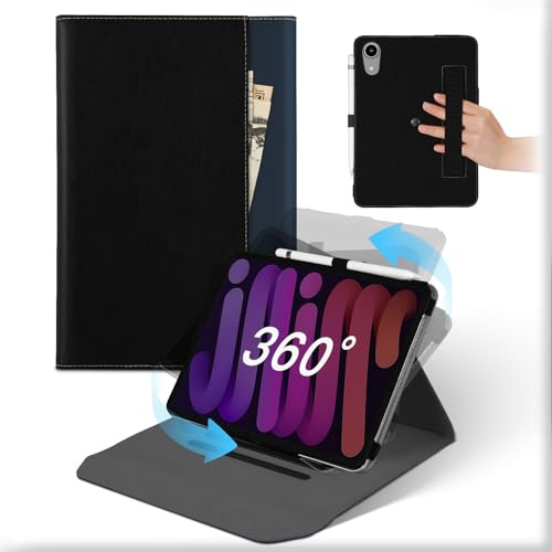 Für iPad Mini 6th Gen 2021/iPad Mini 7 2024 8,3 Zoll Hülle,360°Drehbare Abnehmbare Ständer Leder Tablet Case mit Stifthalter, Stoßfeste Auto Schlaf/Aufwach Schützhülle mit Tasche für iPad Mini 2024