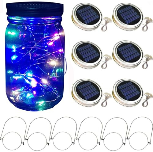 6 Pack Mason Jar Solar Lights 30 LED Outdoor Solar Firefly Lights Mason Jar Lantern Lid with Hangers Fairy String Lids Lights for Patio Garden Yard Tree