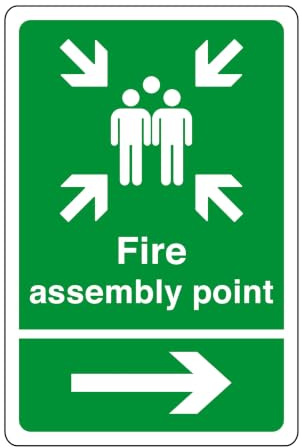 Fire assembly point arrow right sign - safety sign - business signs, carpark safety signs - 1.2mm Rigid plastic for indoor/outdoor usage (400mm x 300mm) Viewing Distance within 14m.