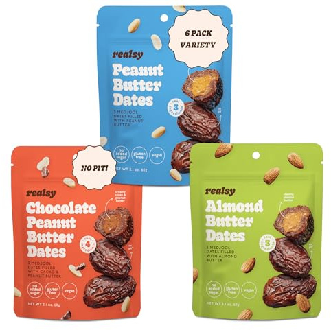 Realsy Pitted & Stuffed Medjool Dates, Organic Dates with No Sugar Added, Gluten-Free, Vegan, Good Source of Fiber, Low Glycemic Index, All Natural Healthy Snack (Variety 6 Pack)