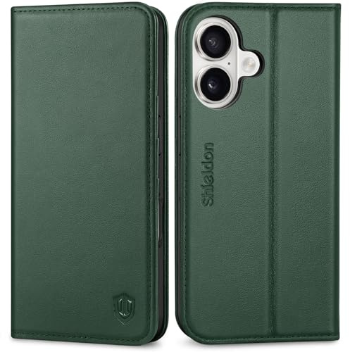 SHIELDON Wallet Case for iPhone 16 6.1 2024, Genuine Leather, Evergreen | Kickstand, Card Holder, RFID Blocking, Magnetic Shockproof Folio Cover, Book Style, Foldable