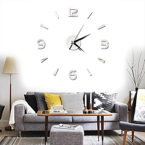 Sunicon Adesivo Decorativo per Orologio da Parete Fai-da-Te, Specchio Acrilico da 1 mm Senza Cornice Grande Orologio da Parete Moderno 3D Fai-da-Te Kit Orologio per Decorare la (Argent)