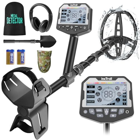 InkTrail Détecteur de métaux pour adultes professionnel, détecteur de métaux Pinpoint étanche doré et argenté, plus grande précision, plus grand écran LCD, bobine IP68 de 28 cm, 5 modes, nouvelle puce