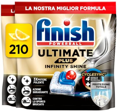 Finish Ultimate Plus Infinity Shine Citrus Spülmaschinentabs – Geschirrspültabs für intensive Reinigung, Fettlösekraft und Glanz mit Schutzschild – 210 Finish Caps