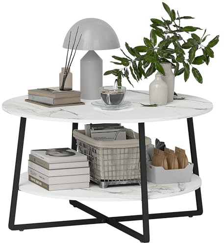 HOMCOM 2-Tier Round Coffee Table with Storage Shelf, Living Room Table with Marble Effect Top and Steel Frame, White