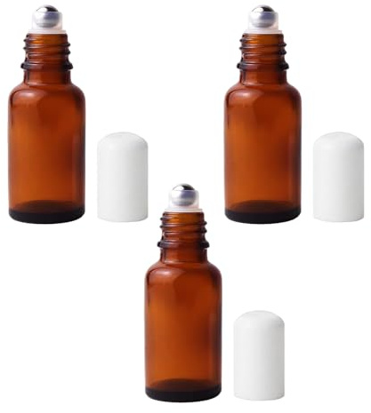 OHEETU 3 botellas de rodillo vacías de vidrio ámbar de 20 ml, con bolas de rodillo de acero inoxidable, contenedores de viaje rellenables para aceites esenciales, perfumes, bálsamos labiales