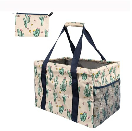 Extra Large Utility Tote Bag - Oversized Collapsible Tote with Wire Frame, Durable Reusable for Beach, Groceries, Laundry, Car Trunk, Storage and Travel - Includes 5x7 Bag with Hook - Cactus
