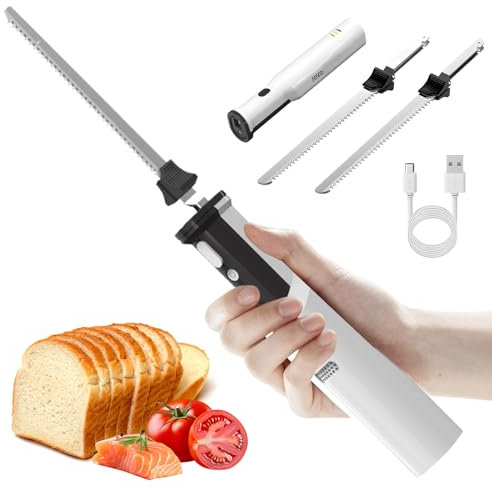 Couteau à découper électrique, couteau à pain sans fil avec 2 lames en acier inoxydable, trancher et découper facilement et précisément la viande et déclencheur de verrouillage de sécurité