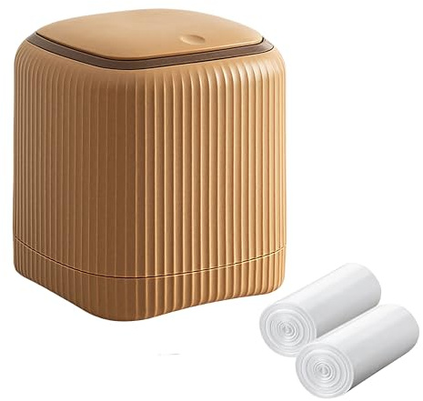 Desktop Trash Can, with Press Type Lid, Mini Plastic Desktop Trash Bin | for Family Living Room Kitchen Bathroom Office Car Indoor Plastic Trash Can,with 60 sheets of Trash Bags (Brown)