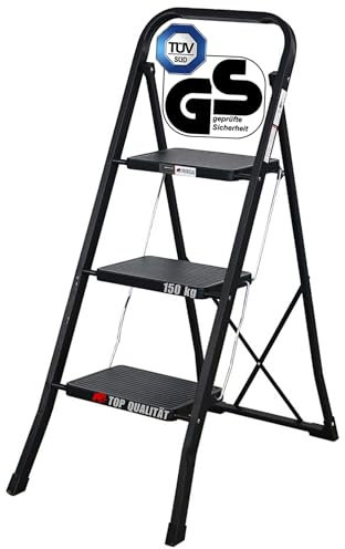 PROREGAL Trittleiter mit 3 Stufen TÜV extra breitem Anti-Rutsch-Tritt aus Leichtmetall, 5 kg leicht, klappbar Klappsicherung, bis 150 kg, schwarz, Leiter Klappleiter Haushaltsleiter Klapptritt