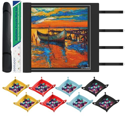 GOOJOOY Tappetini per Puzzle Fino a 2000 Pezzi con Base in Gomma Antiscivolo - Tappeto120 x 80cm per 1000/1500 e 2000 Pezzi, Design Arrotolabile in Secondi, Completto di 8 Vassoi e Borsa