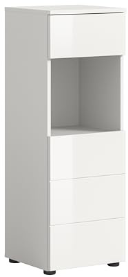 xonox.home - Standschrank Vira 38x106x34 cm in weiß Melamin und weiß Hochglanz - Badezimmerkombination Badmöbel Badset - stilvolles Ambiente hochwertig verarbeitet funktional