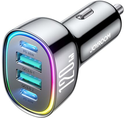 120W for iPhone 17 16 Pro Max Car Charger USB C Fast Charge, 4-Port Car Charger Cigarette Lighter Adapter, Dual 60W USBC & USB-A Multiport Car Adapter for iPhone 17 Pro/15/14/13, Galaxy S26/S25, iPad
