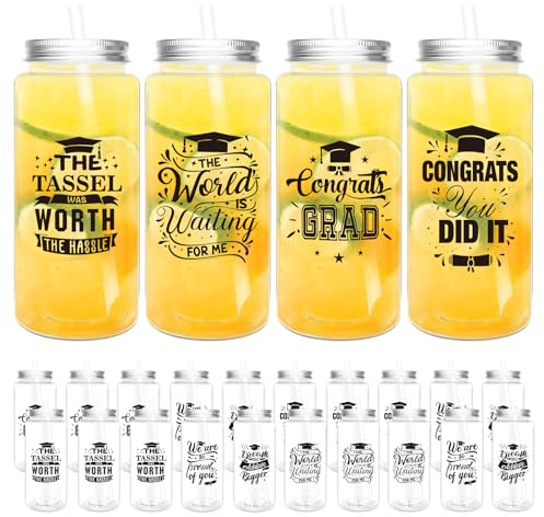 YFNVH Lot de 24 gobelets en plastique transparent réutilisables avec couvercle et pailles de 400 ml pour remise de diplôme, café, thé, boissons froides
