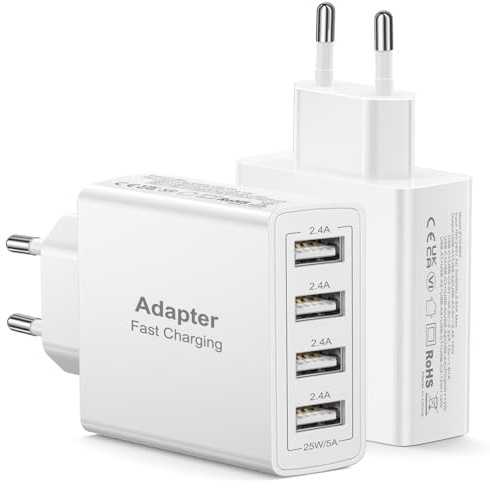 Cargador USB 4Puertos, 2Pack 25W Enchufe USB Multiple Cargador Móvil Carga Rapida Multicargador, Rapido Carregador para Samsung Galaxy S25 S24 S23 S22, iPhone Air 17 16 15 14 13 12 XR, Huawei, Xiaomi