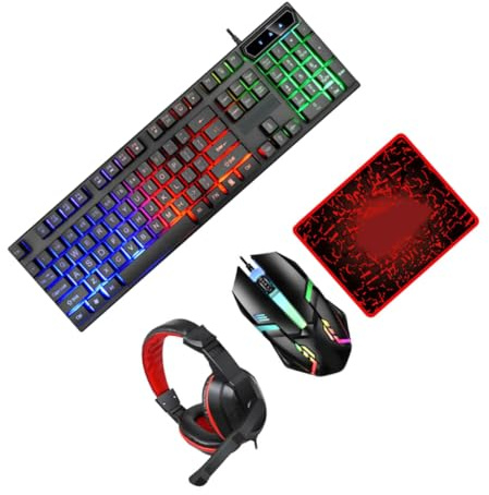 Tofficu Clavier Gamer Rétroéclairé avec Souris Casque et Tapis de Souris Kit Ergonomique Filaire pour PC et Ordinateur Portable