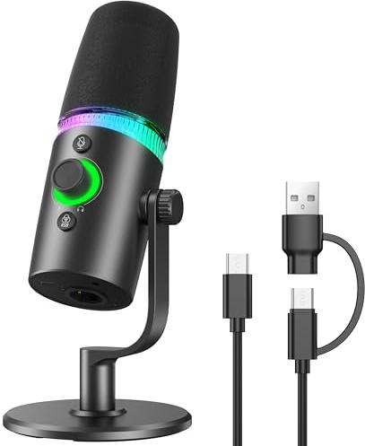 Prizmora USB/XLR Dynamic Microphone for Podcast Recording, PC Computer Gaming Streaming Mic with RGB Light, Tap to Mute, Headphones Jack, Desktop Stand, Vocal Mic for Singing YouTube