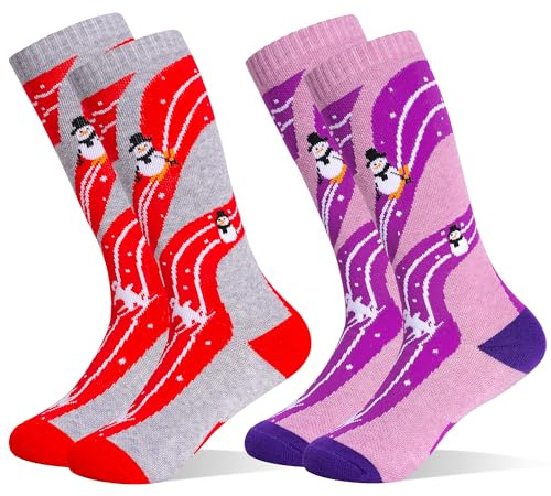 HYCLES Kids Ski Socks, Long Keen High Thermal Winter Socks for Boys, 2 Pairs Colorful Warm Ski Socks for Children, Soft Breathable Winter Outdoor Ski Sock for Skiing Skating Snowboarding