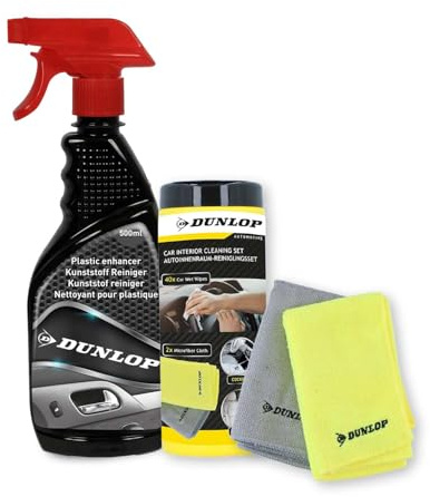 BM TOOLS Pack Nettoyant Plastique 500ml et Chiffon Microfibre Dunlop - Rénovateur Voiture Intérieur Extérieur, Restaure Brillance